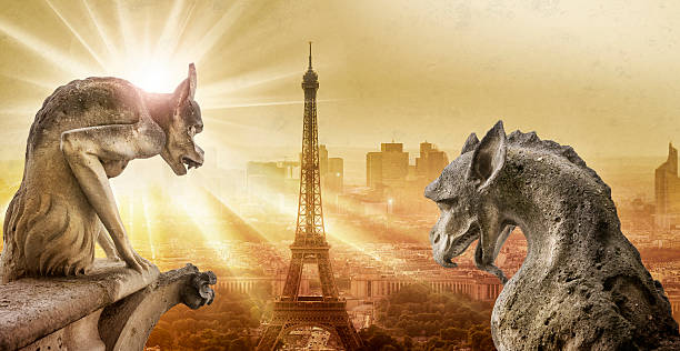 istock Gargoyle figur on Notre Dame looking towards Eiffel Tower 589119048