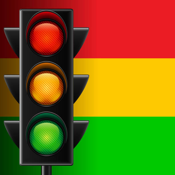 Traffic light on striped background Traffic light on red, yellow and green striped vector background stoplight stock illustrations