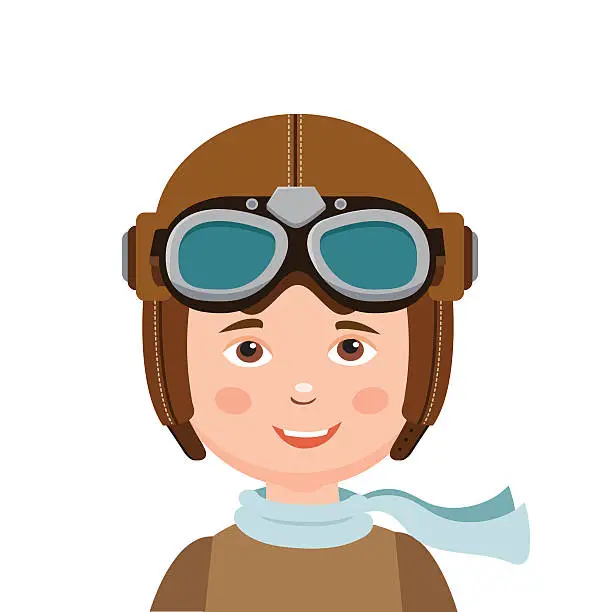 Vector illustration of Boy Pilot Hat. Young Boy Pilot Isolated In White Background.