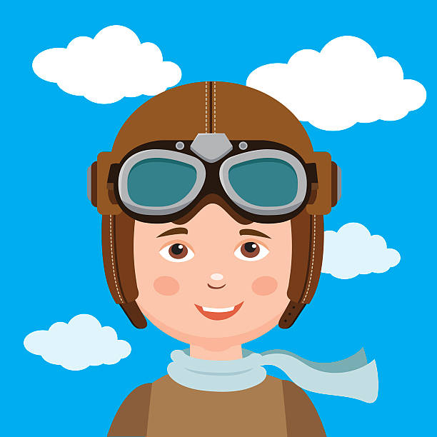 Boy Pilot Hat. Young Boy Pilot Against Sky Background. Young Boy Pilot Against Sky Background. Retro Vector Illustration. Boy Pilot Hat. kids snow suits stock illustrations