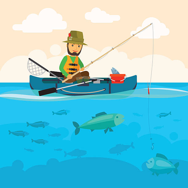 ilustrações de stock, clip art, desenhos animados e ícones de fisherman on a boat vector illustration - fishing nautical vessel small men