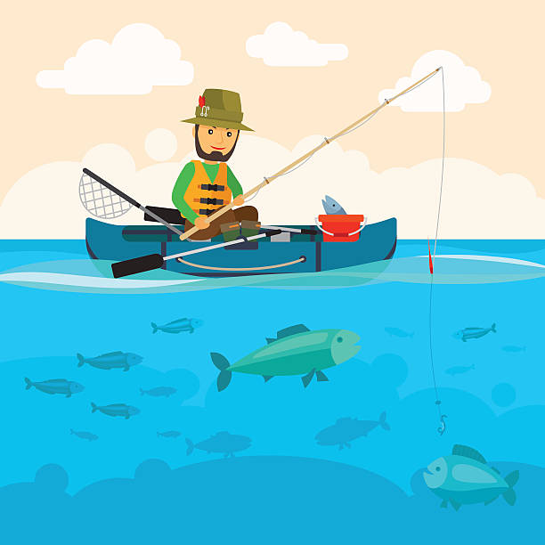 рыбак на иллюстрации вектора лодки - fishing nautical vessel small men stock illustrations
