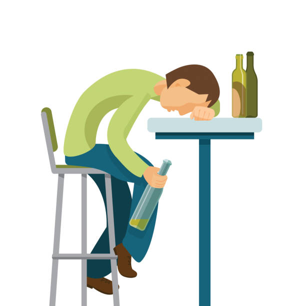 illustrazioni stock, clip art, cartoni animati e icone di tendenza di concetto di abuso di alcol. quel tipo ha bevuto troppo. - alcoholism drunk hangover grief