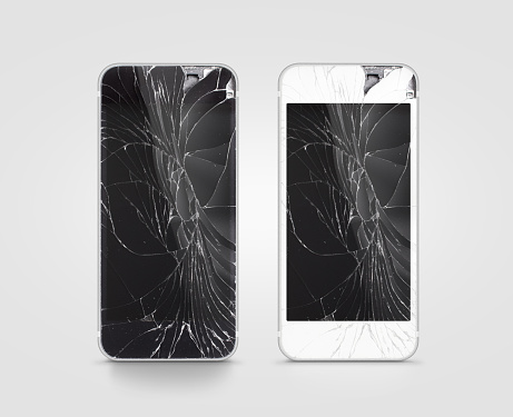 Broken mobile phone screen, black, white, clipping path. Smartphone monitor damage mock up. Cellphone crash and scratch. Telephone display glass hit. Device destroy problem. Smash gadget, need repair.