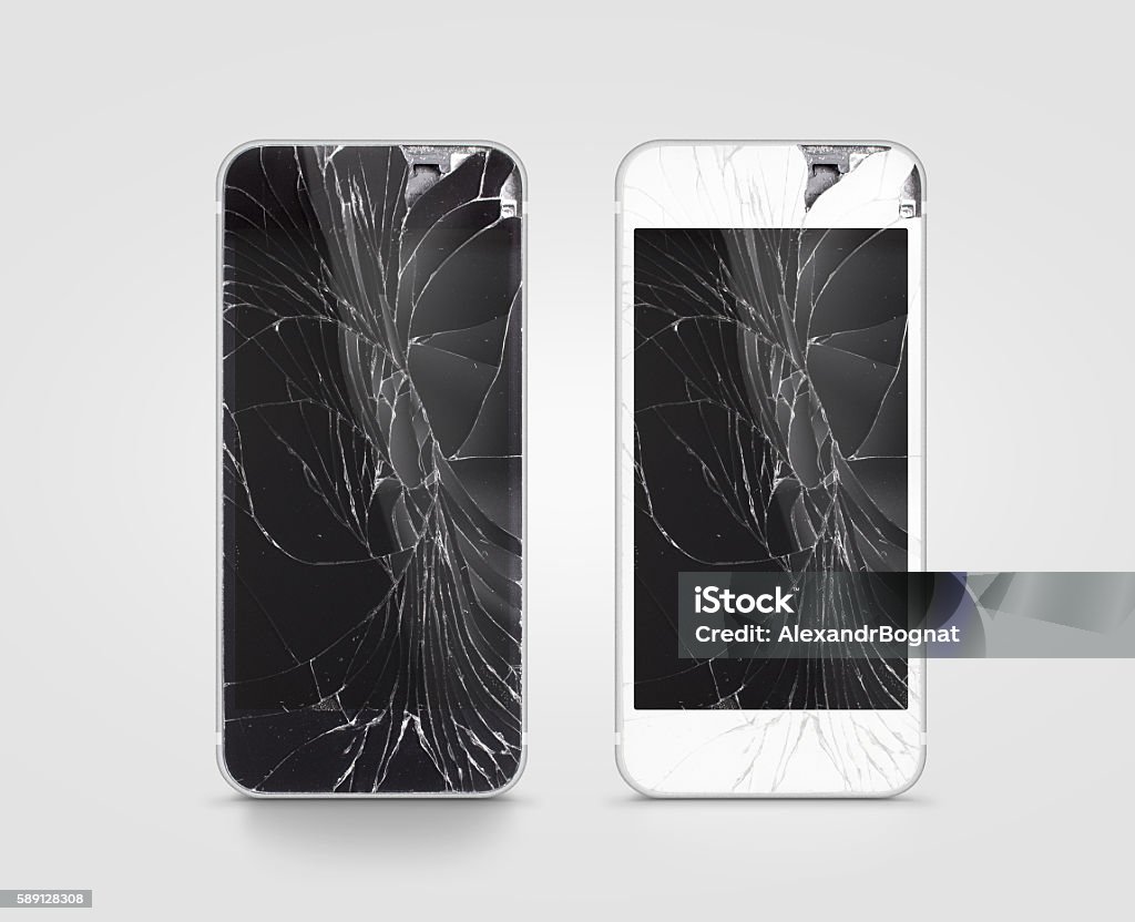 Broken mobile phone screen, black, white, clipping path. Broken mobile phone screen, black, white, clipping path. Smartphone monitor damage mock up. Cellphone crash and scratch. Telephone display glass hit. Device destroy problem. Smash gadget, need repair. Broken Stock Photo