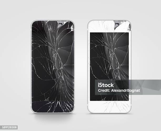 Broken Mobile Phone Screen Black White Clipping Path Stock Photo - Download Image Now