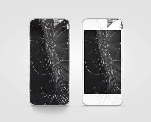Photo of Broken mobile phone screen, black, white, clipping path.