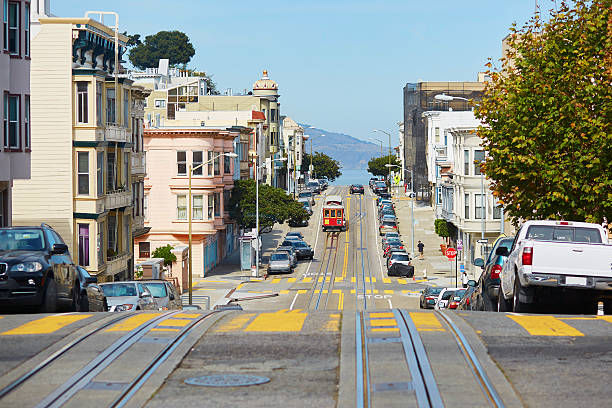 San Francisco, California, Germany, 1984. The famous Hyde Street with the cable car and a view of the bay in San Francisco. Also: buildings, vehicles, and locals.