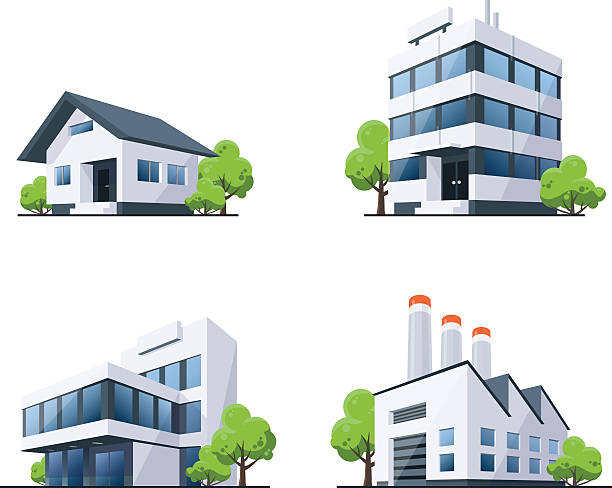 Set of Four Buildings Types Illustration with Trees Four vector buildings illustrations in perspective view with green trees in cartoon style. Family house, work office and factory building. blue clipart stock illustrations
