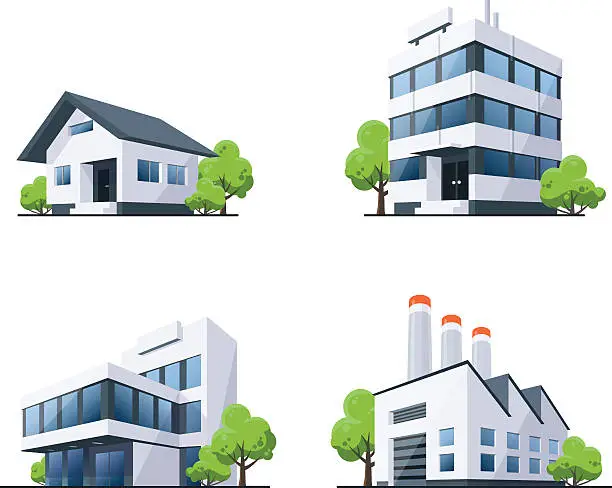 Vector illustration of Set of Four Buildings Types Illustration with Trees