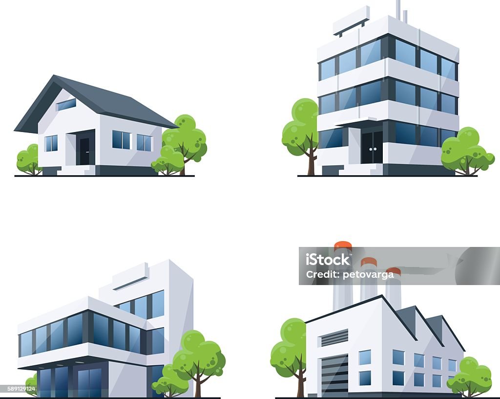 Set of Four Buildings Types Illustration with Trees - 免版稅建築物外觀圖庫向量圖形