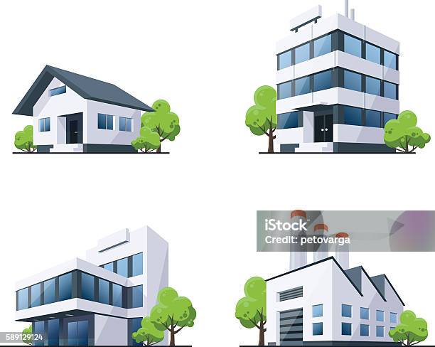 Set Of Four Buildings Types Illustration With Trees向量圖形及更多建築物外觀圖片