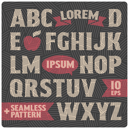 Vintage font set with dark seamless graphic pattern