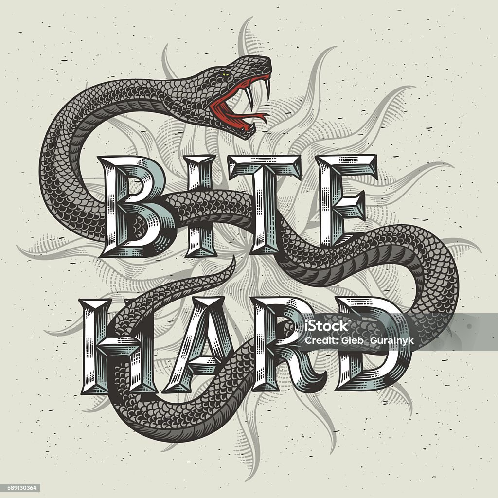 Snake graphic illustration with engraved slogan "Bite hard". Snake graphic illustration with engraved slogan "Bite hard". On light dusty background. Snake stock vector