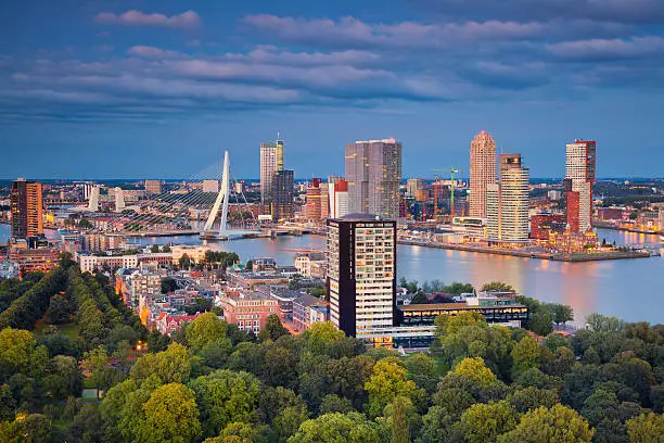 Image of Rotterdam, Netherlands during twilight blue hour.