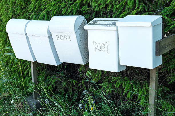 istock Five white mail boxes in front of a house 589132698