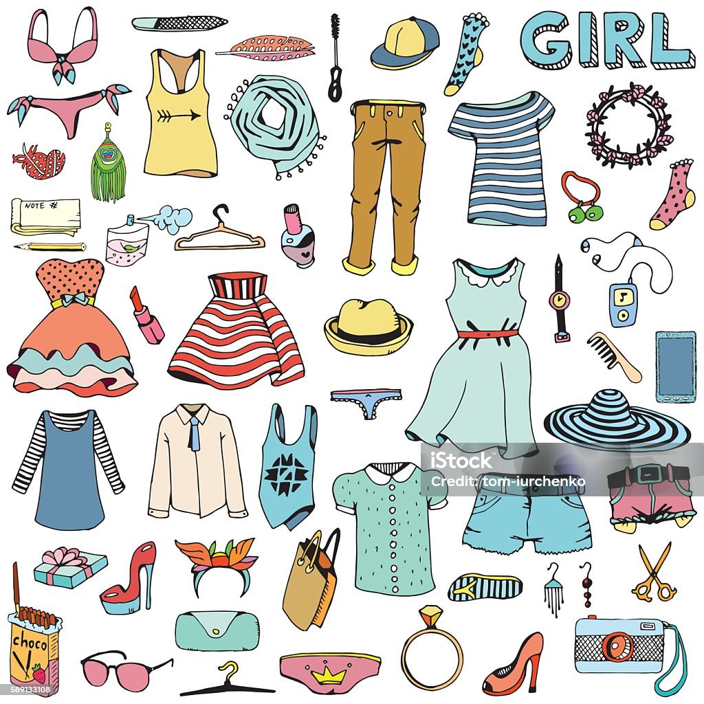 Women clothes and accessories. Hand drawn doodle set. Clothing stock vector
