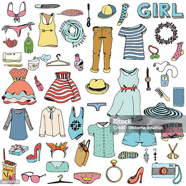 Women Clothes And Accessories Hand Drawn Doodle Set Stock Illustration - Download Image Now