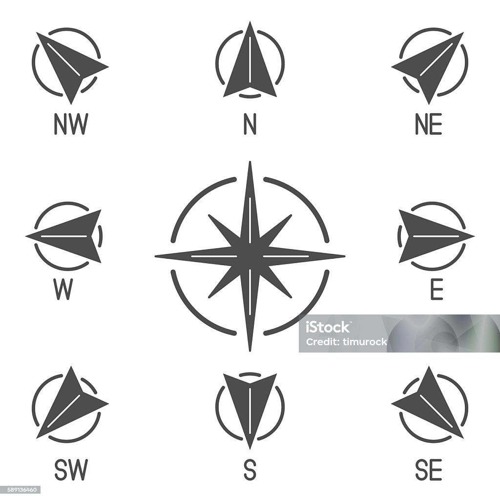 Compass Icons Collection Compass icons with different directions. Set of 9 solid vector icons North stock vector