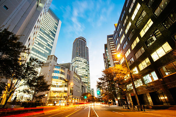 Cityscape of Osaka's financial district at night. Long exposure with traffic passing by. Need more OSAKA images:
