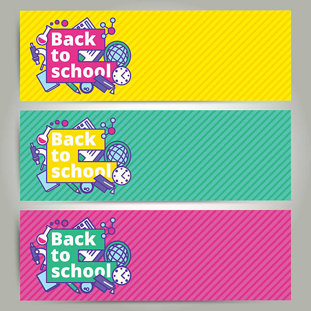 Back to school vector banner or bookmark template design. Back to school vector banner or bookmark template design. Education elements background with boy and girl students. Start of school-year concept in trendy flat cartoon line style melting girl stock illustrations
