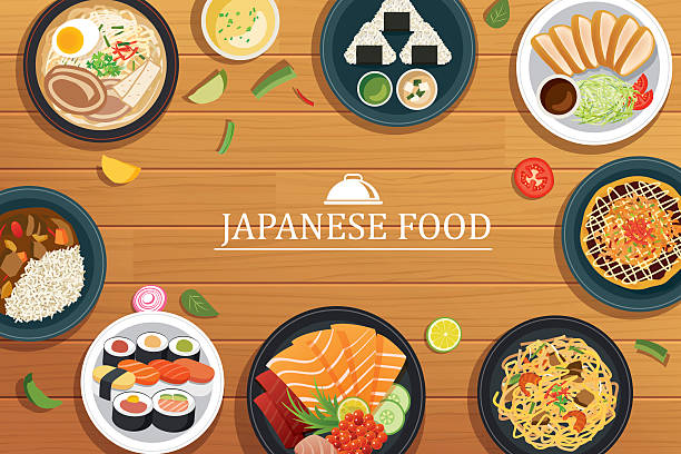 japanese food on a wooden background.Vector japanese food japanese food on a wooden background.Vector japanese food top view. japanese food stock illustrations