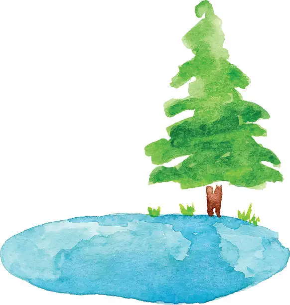 Vector illustration of Pond and Tree Watercolor