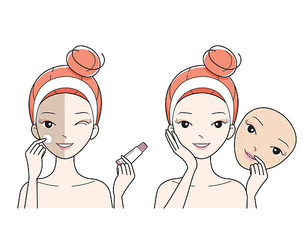 젊은 여자 케어 얼굴, 나쁜 에 좋은 색깔 얼굴 피부 - cosmetics beauty treatment moisturizer spa treatment stock illustrations