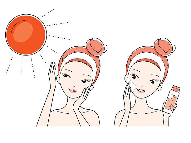 태양빛으로부터 얼굴을 보호하고 돌보는 젊은 여성 - cosmetics beauty treatment moisturizer spa treatment stock illustrations