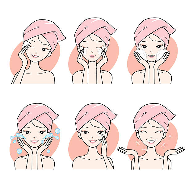 젊은 여자 청소 과 관리 그녀의 얼굴 세트 - cosmetics beauty treatment moisturizer spa treatment stock illustrations