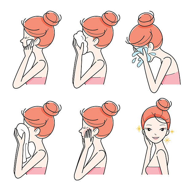 측면 보기 여자아이 세척 및 관리 아주머니 얼굴 설정 - cosmetics beauty treatment moisturizer spa treatment stock illustrations