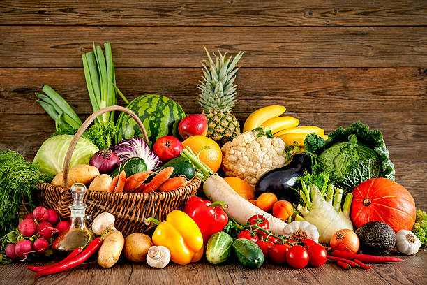 assortment of the fresh fruits and vegetables - table ingredient gardening agriculture imagens e fotografias de stock