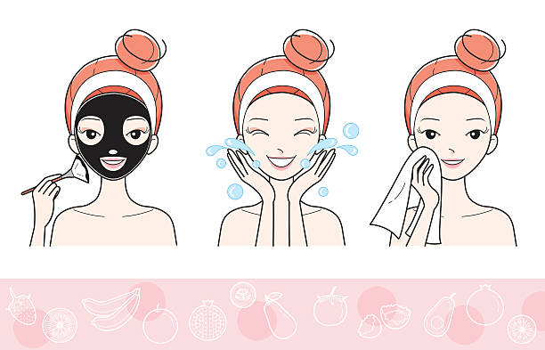 얼굴 마스크 단계와 젊은 여자 - cosmetics beauty treatment moisturizer spa treatment stock illustrations