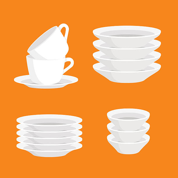 ilustraciones, imágenes clip art, dibujos animados e iconos de stock de cubiertos domésticos de cocina tazas de té limpias y placa de cerámica blanca apilada - white background stack heap food and drink