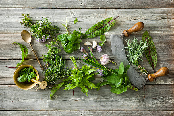 istock fresh herbs and spices on wooden table 589418966