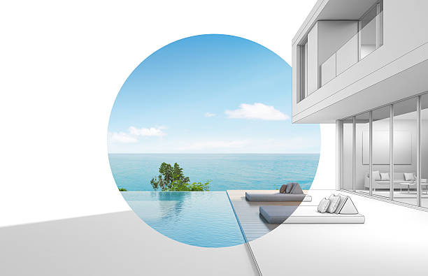 istock Architecture design of sea view modern house 589422626