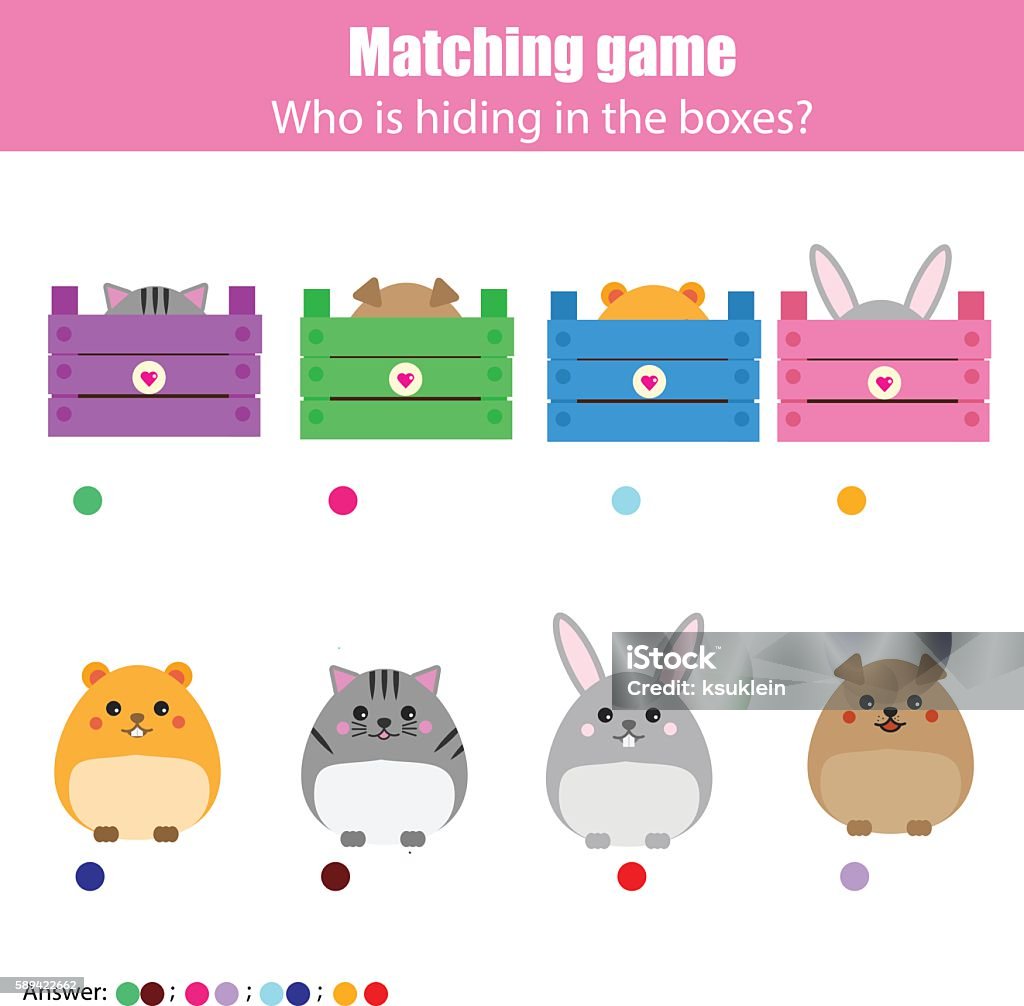 Matching children education game, kids activity. Match animals with box Match the animals with box children education game. Learning animals theme kids activity Activity stock vector