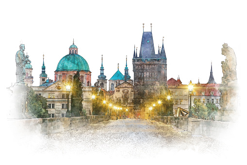 Prague - famous landmark Charles Bridge with illumination, watercolor artwork. Czech, European travel