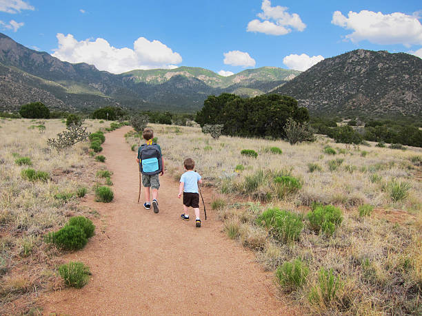 istock Little hikers walking on a trail 589423674