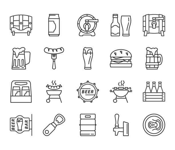 fresh beer and snacks fresh beer and snacks. simple flat icons on a white background brat burger stock illustrations