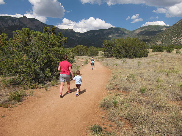 istock Family hiking on a trail 589423790
