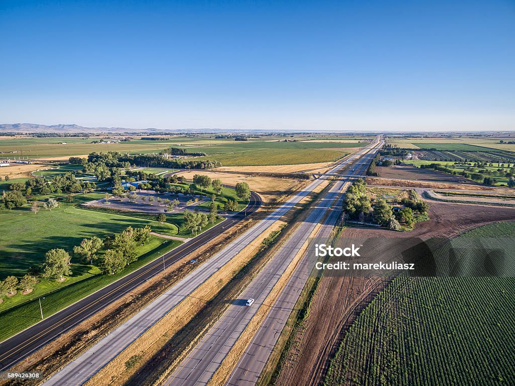 freeway in northern Colorado aerial view of i I-25 freeway north of Fort Collins, Colorado Colorado Stock Photo