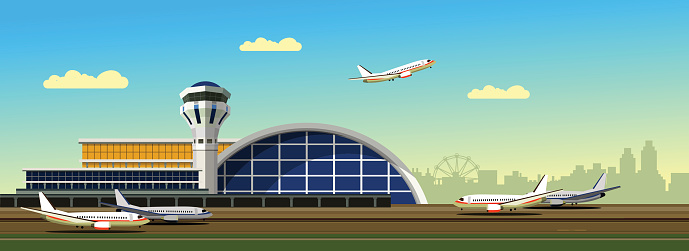 vector illustration of the airport building on city background in retro style and colors of the horizontal composition