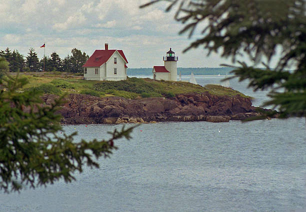 istock Maine Light house through pines boughs 589429640