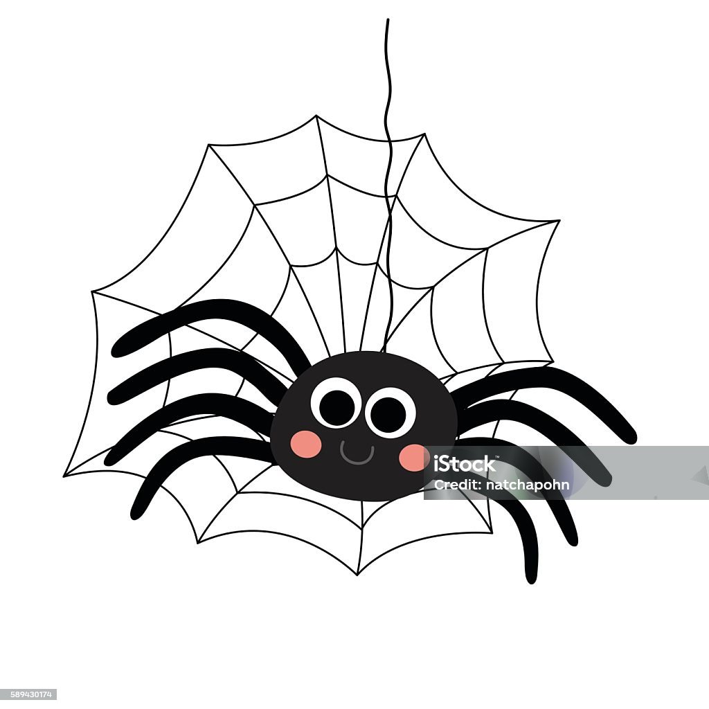 Black Spider animal cartoon character vector illustration. Black Spider with spider web animal cartoon character. Isolated on white background. Vector illustration. Spider stock vector