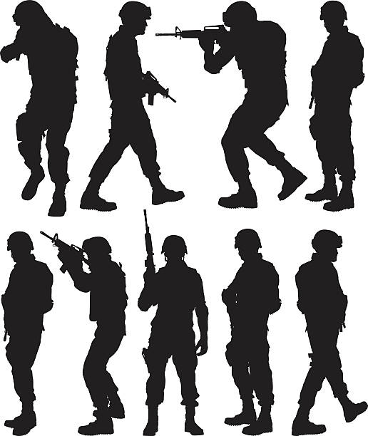 ilustraciones, imágenes clip art, dibujos animados e iconos de stock de hombre del ejército en varias acciones - personal militar