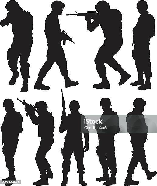 Army Man In Various Actions Stock Illustration - Download Image Now - Army Soldier, Armed Forces, In Silhouette