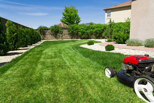 Photograph of lawn mower on the green grass. Mower is located on the right side of the photograph with view on grass field. 