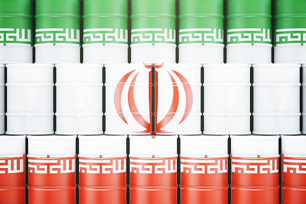 istock Oil barrels with Iranian flag 589433616