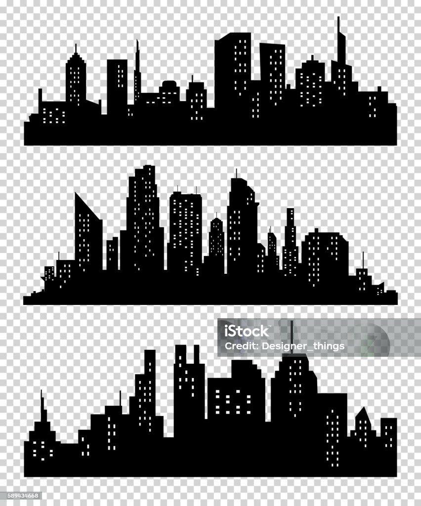 Set of vector cities silhouette Set of vector cities silhouette. Night town on transparent background Abstract stock vector